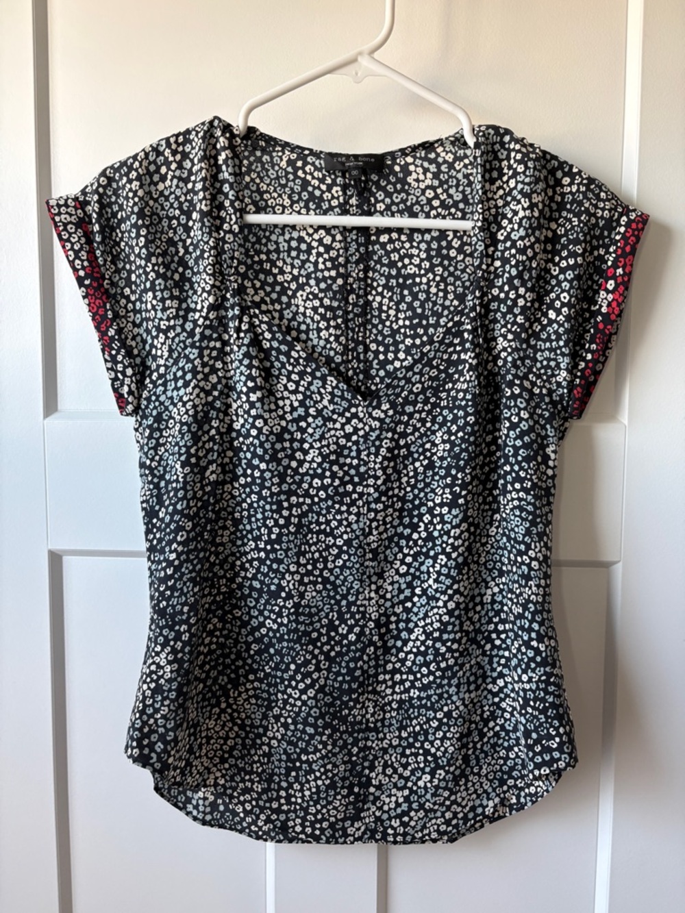 Rag & Bone “Danise” 100% silk pullover blouse black & white floral, animal print